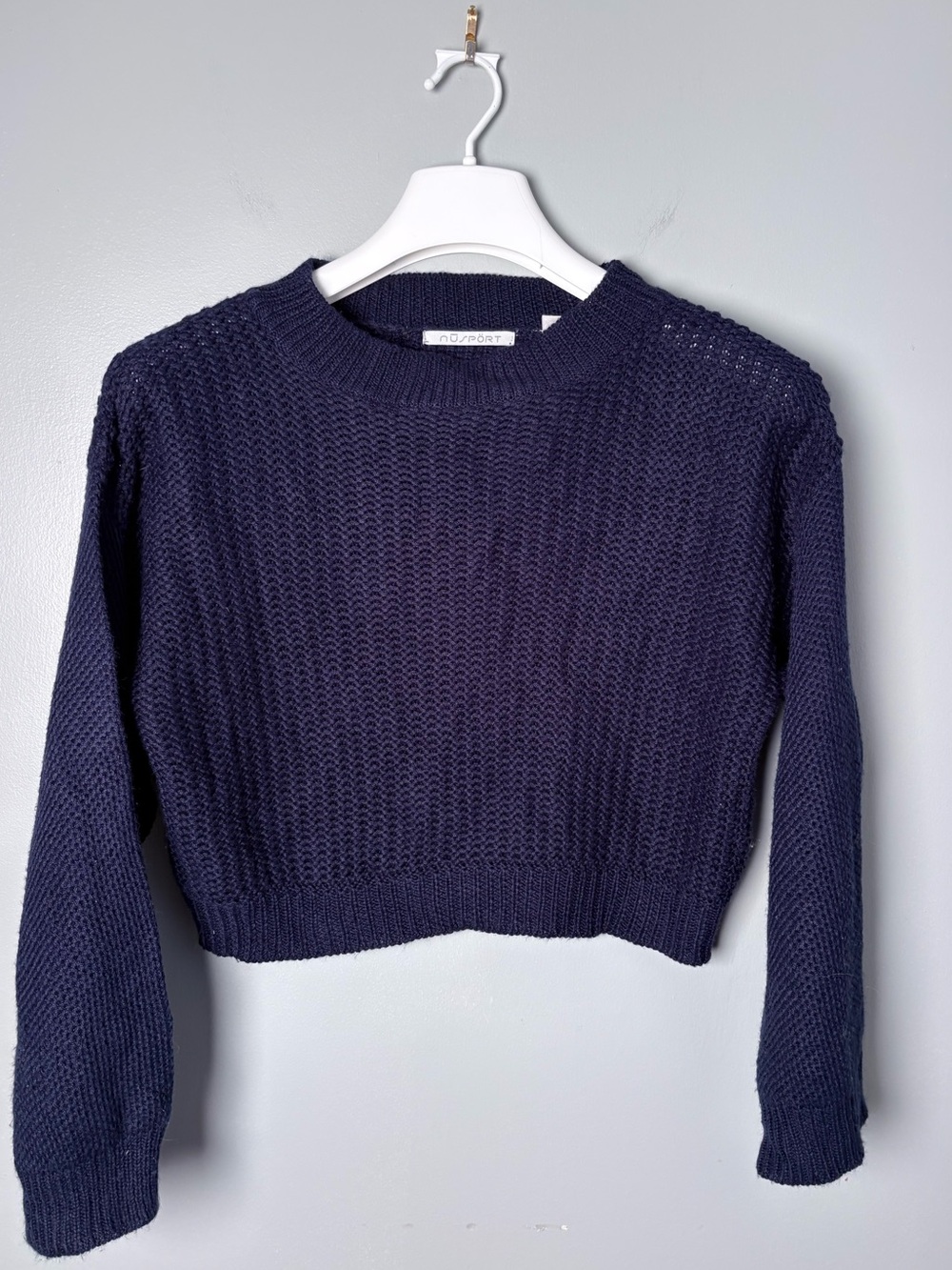 NUSPORT Cropped Chunky Knit Sweater Dark Navy Blue Crewneck Long Sleeve Small